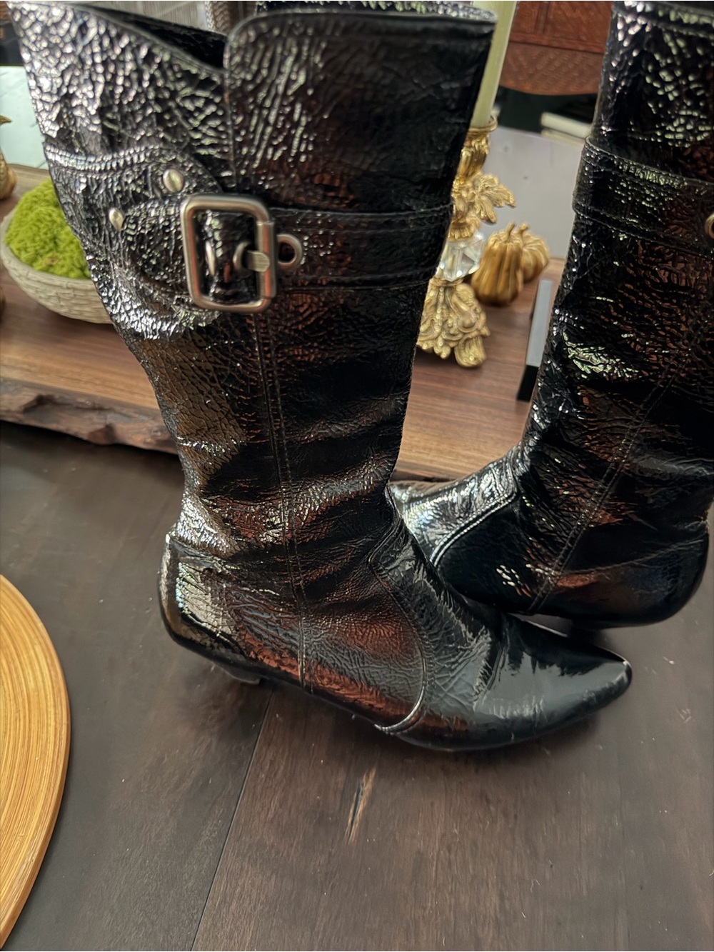 Black Patent Mid-Calf Women's Boots with Buckle